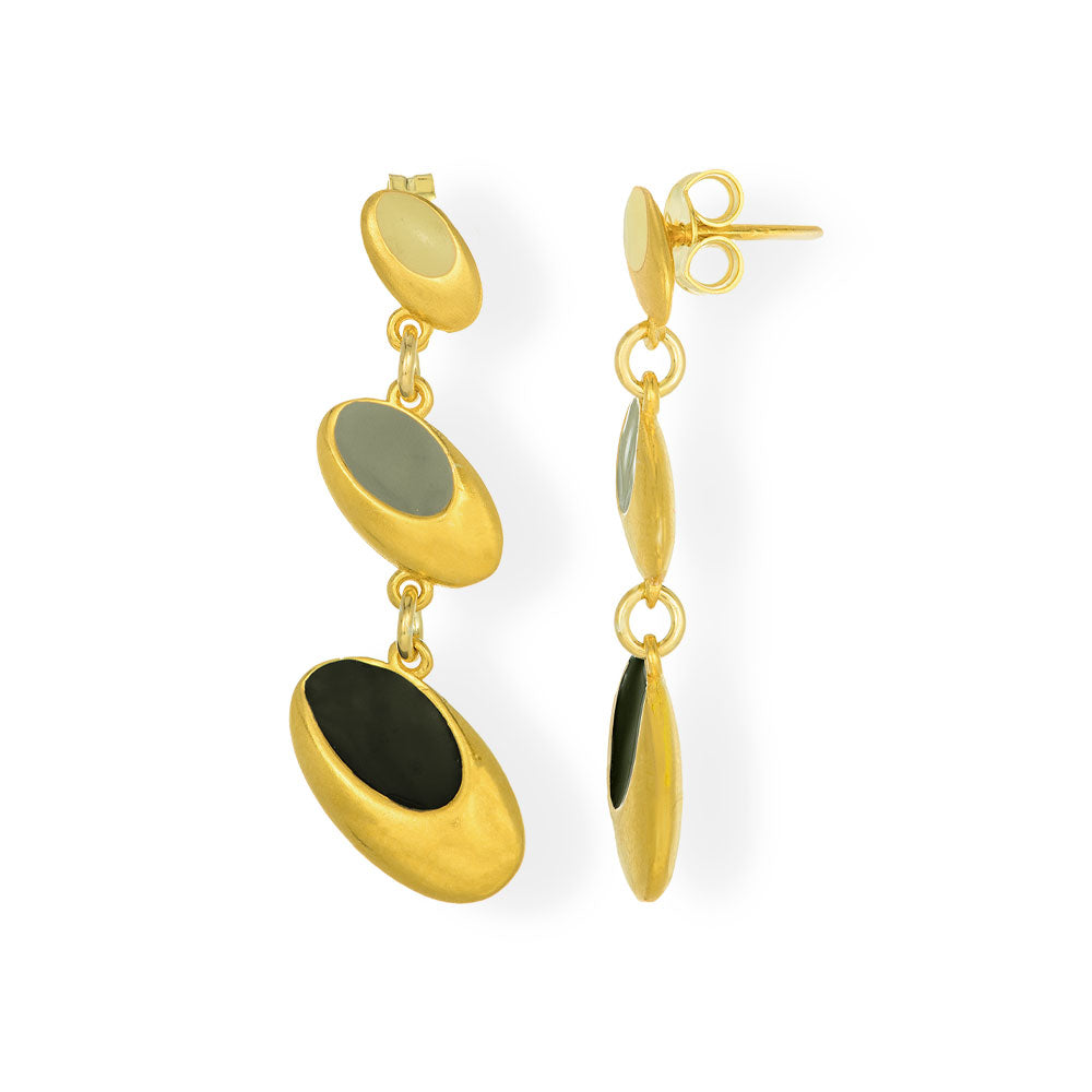 Handmade Gold Plated Silver Dangle Earrings with Black & Gray Enamel - Anthos Crafts