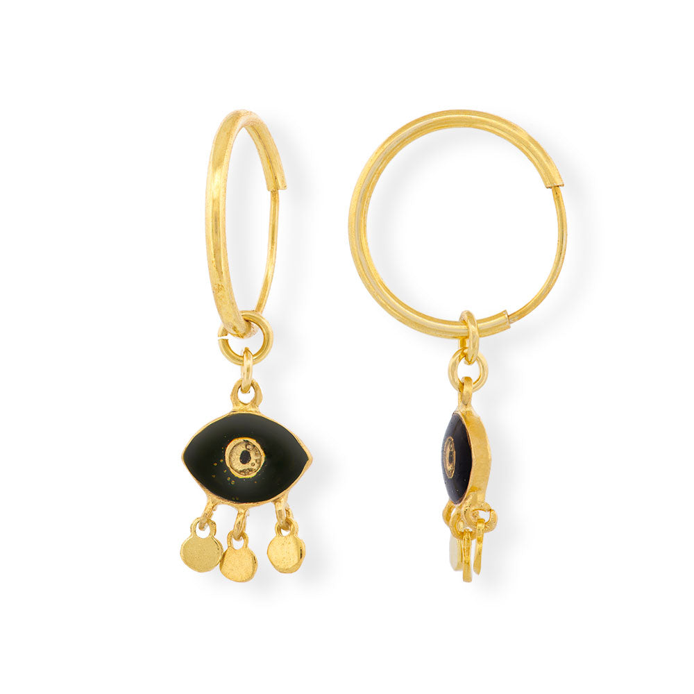 Handmade Gold Plated Silver Hoop Earrings With Black Enamel Evil Eye - Anthos Crafts