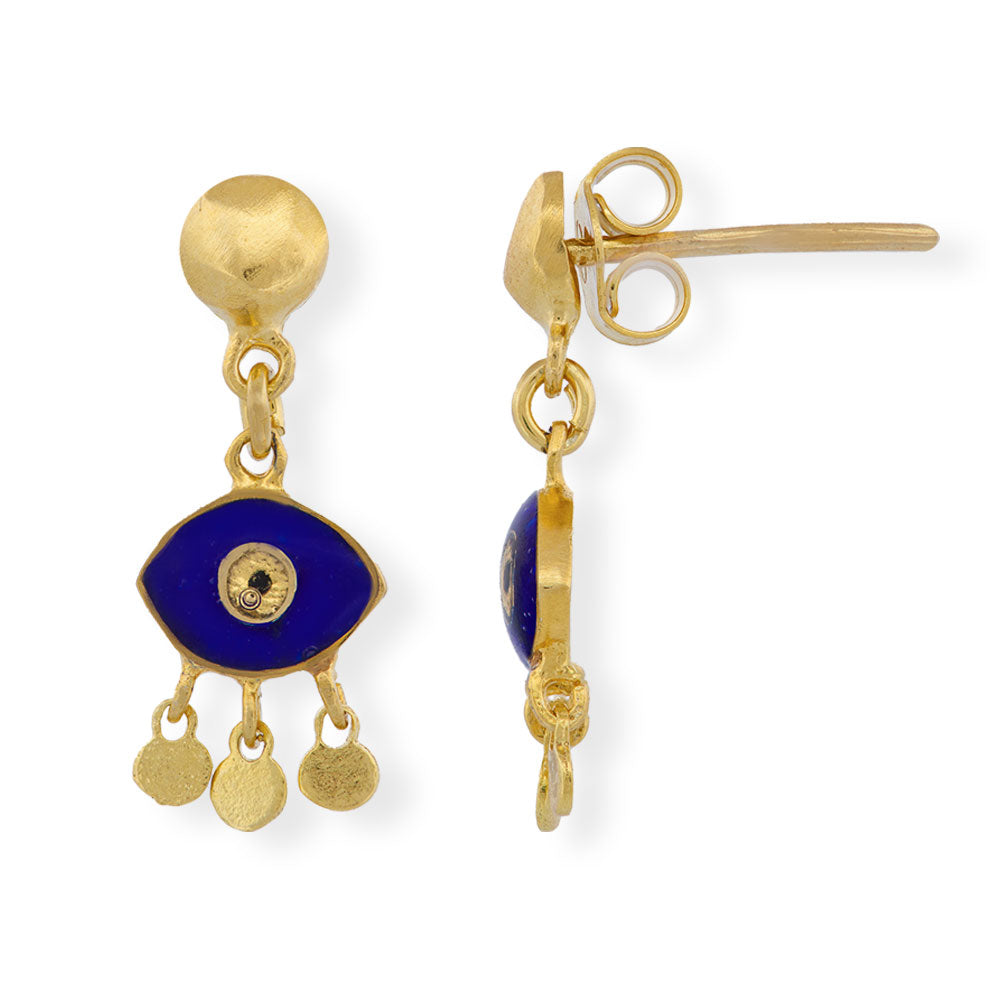 Handmade Gold Plated Silver Earrings With Blue Enamel Evil Eye - Anthos Crafts