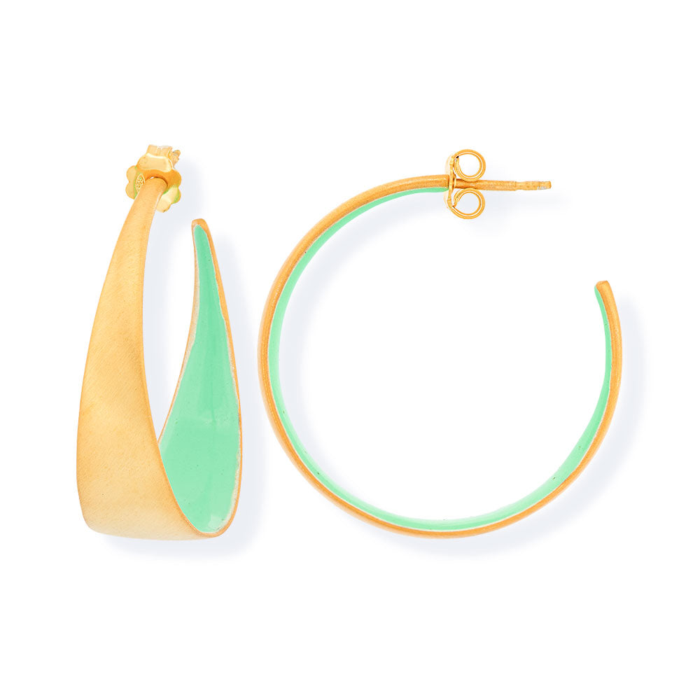 Handmade Gold Plated Silver Hoop Earrings With Light Green Enamel - Anthos Crafts