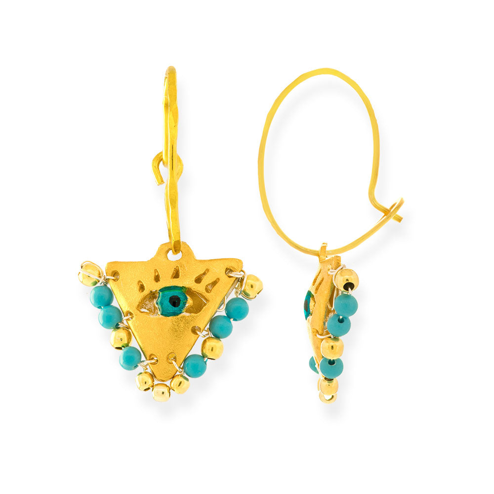 Handmade Gold Plated Silver Lucky Charm Earrings Evil Eye with Sky Blue Stones - Anthos Crafts