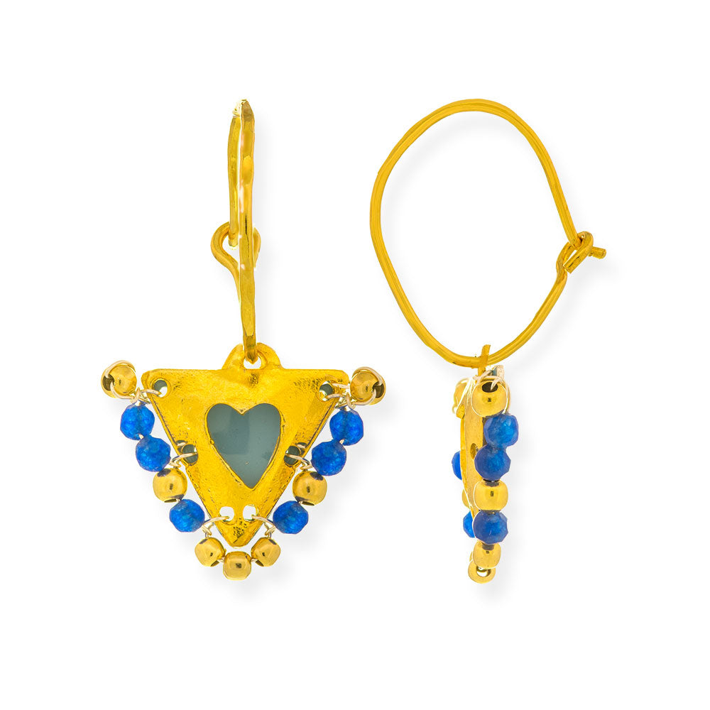 Handmade Gold Plated Silver Lucky Charm Earrings with Enamel Heart & Royal Blue Stones - Anthos Crafts