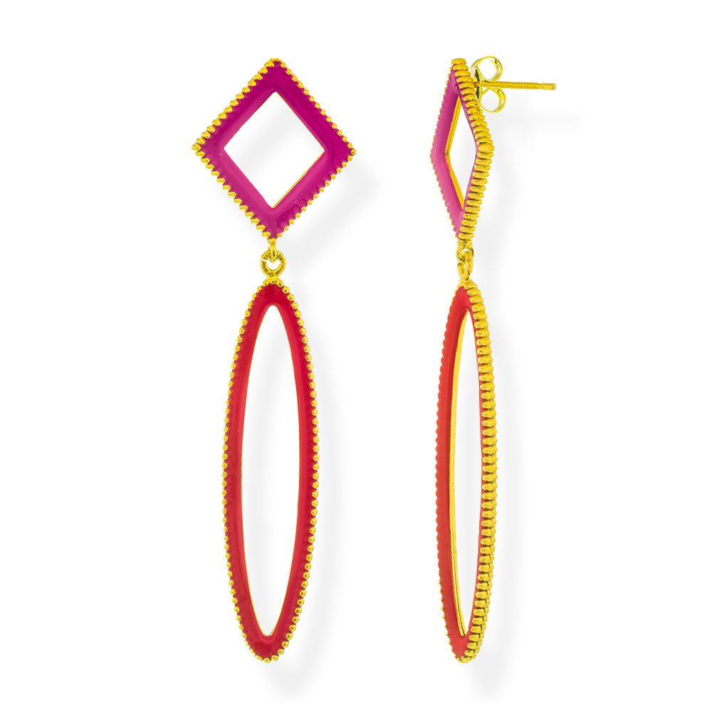 Handmade Gold Plated Silver Dangle Earrings with Red & Fuchsia Enamel - Anthos Crafts