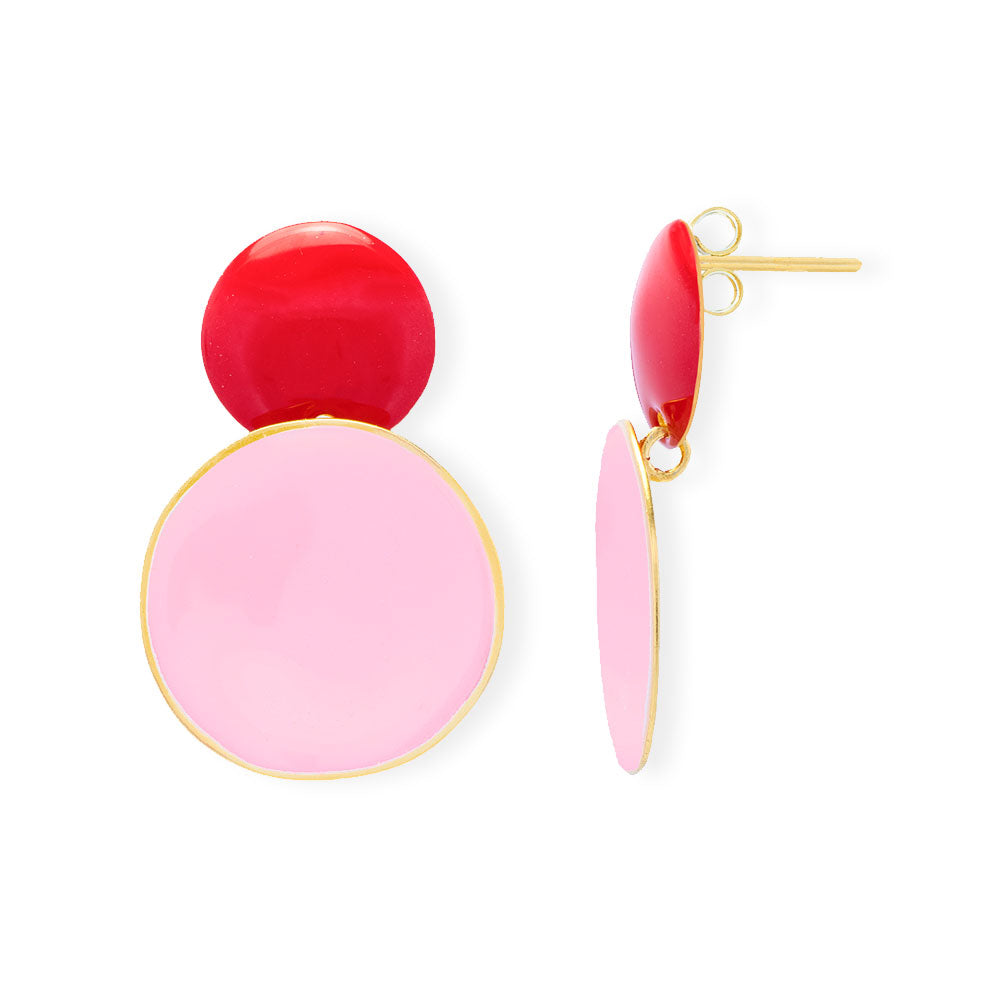Handmade Gold Plated Silver Dangle Earrings with Red & Pink Enamel - Anthos Crafts