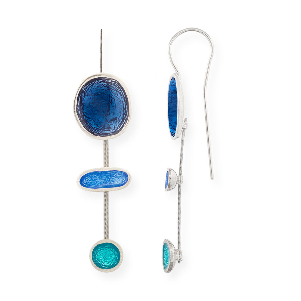 Handmade Silver Drop Earrings with Shades Of Blue & Turquoise Enamel Pebbles - Anthos Crafts