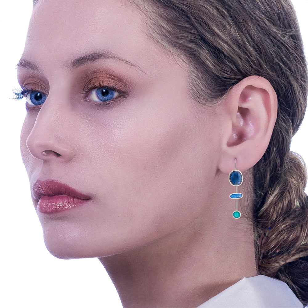 Handmade Silver Drop Earrings with Shades Of Blue & Turquoise Enamel Pebbles - Anthos Crafts