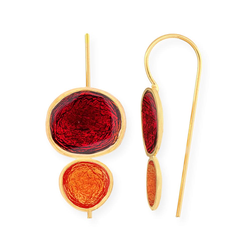Handmade Gold Plated Silver Drop Earrings with Red &amp; Orange Enamel Pebbles - Anthos Crafts
