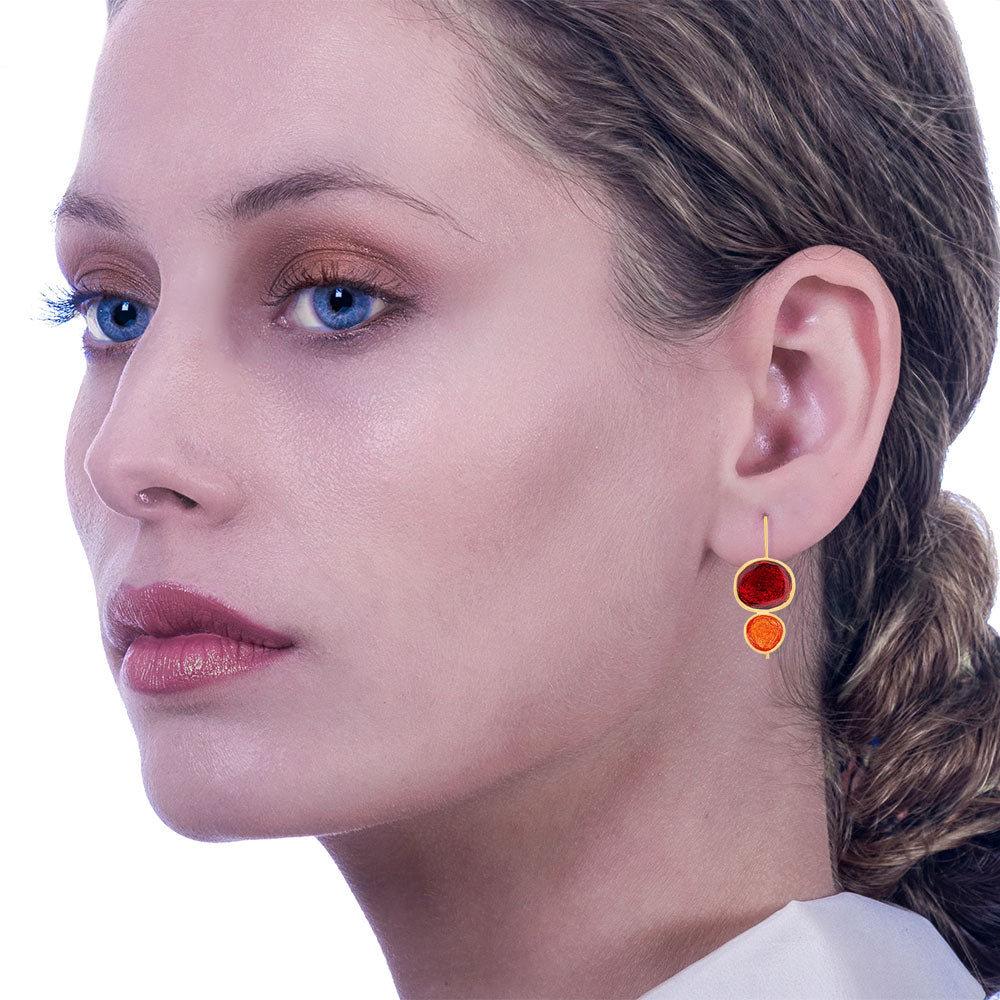 Handmade Gold Plated Silver Drop Earrings with Red & Orange Enamel Pebbles - Anthos Crafts