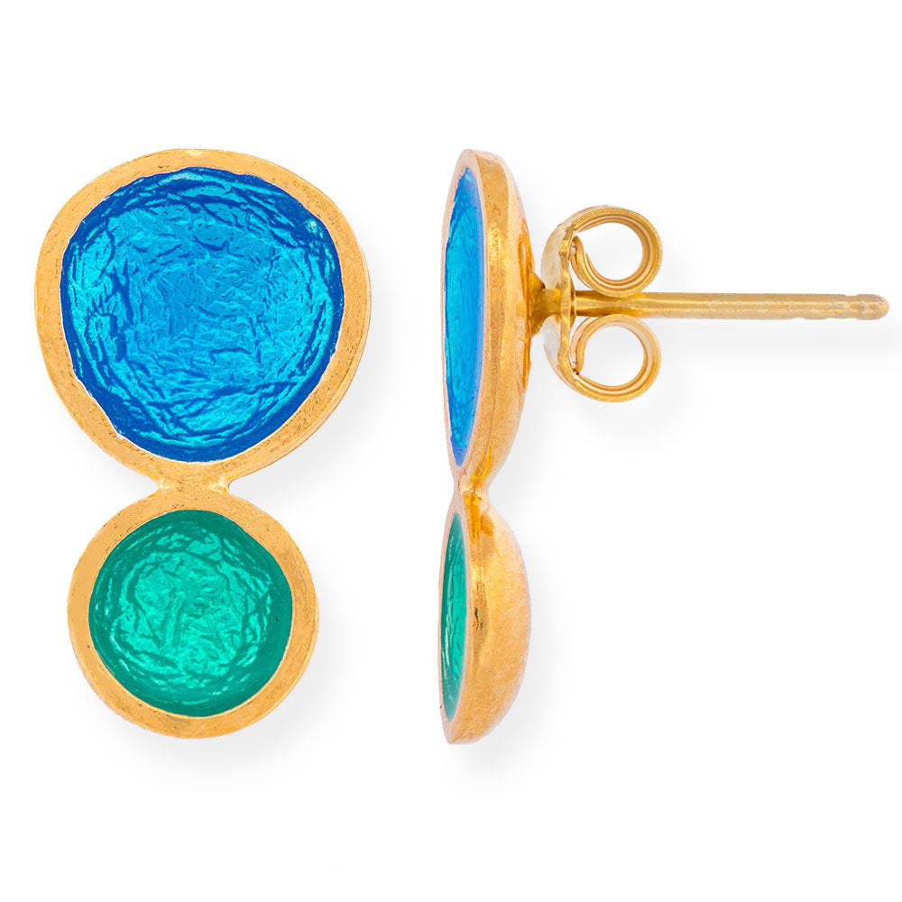 Handmade Gold Plated Silver Stud Earrings with Turquoise & Green Enamel Pebbles - Anthos Crafts