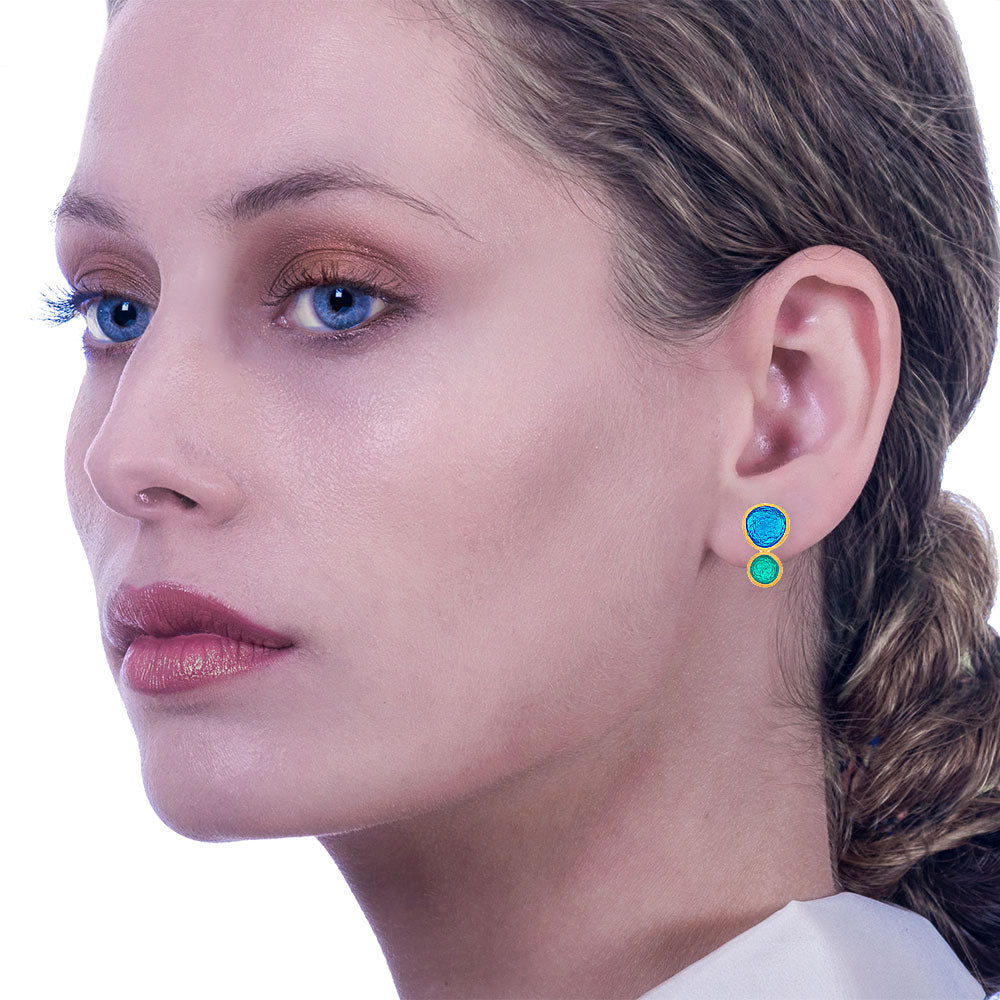 Handmade Gold Plated Silver Stud Earrings with Turquoise & Green Enamel Pebbles - Anthos Crafts
