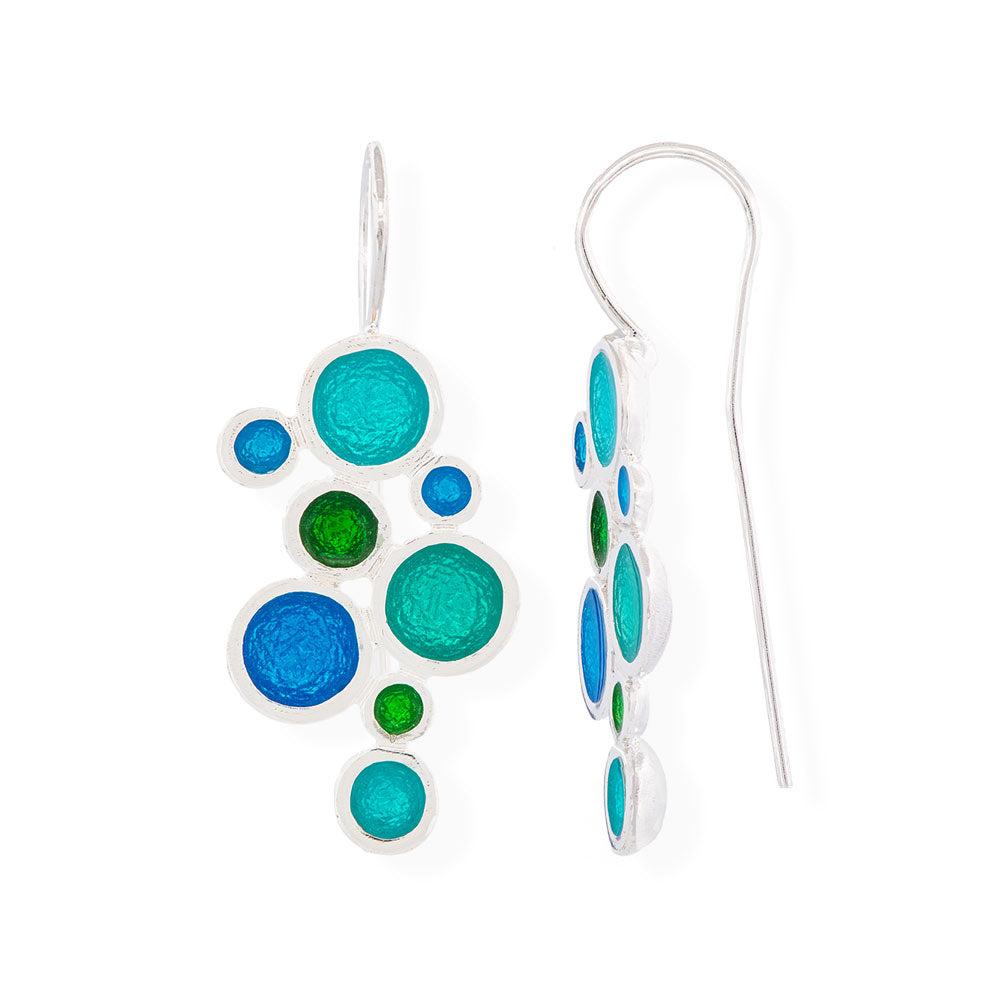 Handmade Silver Drop Earrings with Shades Of Turquoise Enamel Bubbles - Anthos Crafts