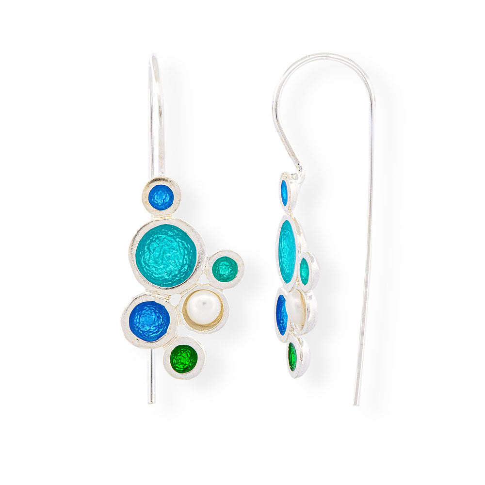 Handmade Silver Drop Earrings with Shades Of Blue, Green &amp; Turquoise Enamel Bubbles With Pearl - Anthos Crafts
