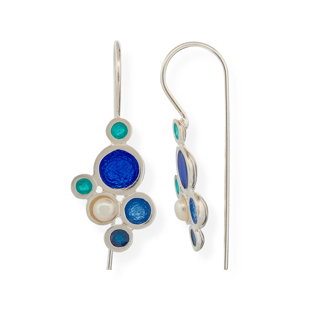 Handmade Silver Drop Earrings with Shades Of Blue & Turquoise Enamel Bubbles With Pearl - Anthos Crafts