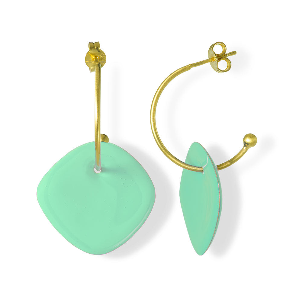 Handmade Gold Plated Silver Hoop Earrings with Enamel Green Mint - Anthos Crafts