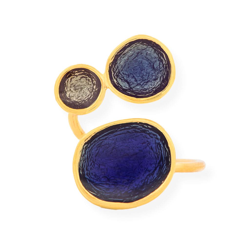 Handmade Gold Plated Silver Enamel Ring Blue Shades Pebbles - Anthos Crafts