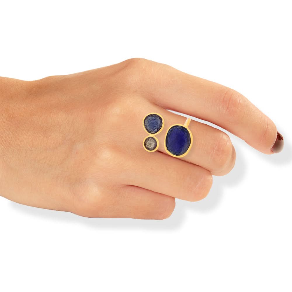 Handmade Gold Plated Silver Enamel Ring Blue Shades Pebbles - Anthos Crafts