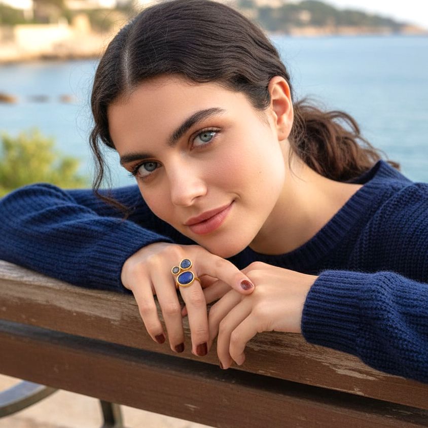 Handmade Gold Plated Silver Enamel Ring Blue Shades Pebbles - Anthos Crafts