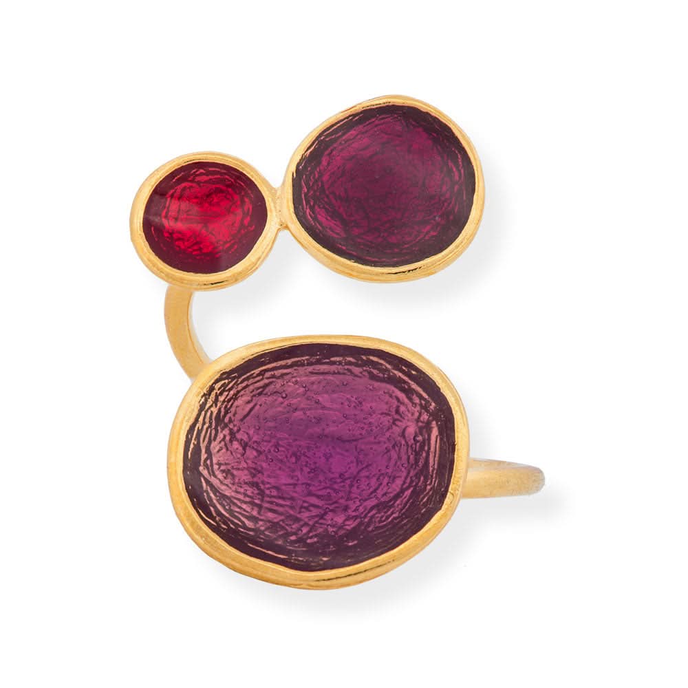 Handmade Gold Plated Silver Enamel Ring Purple, Burgundy, Red Pebbles - Anthos Crafts