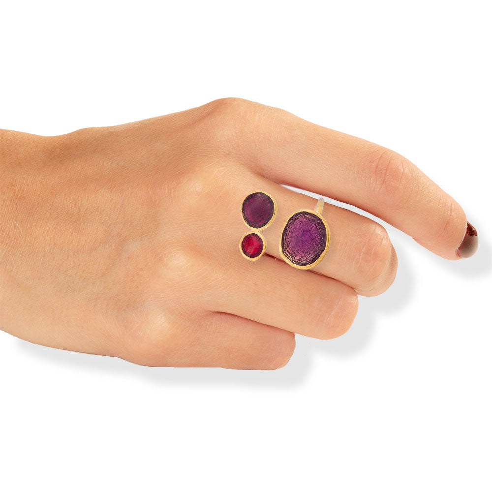 Handmade Gold Plated Silver Enamel Ring Purple, Burgundy, Red Pebbles - Anthos Crafts