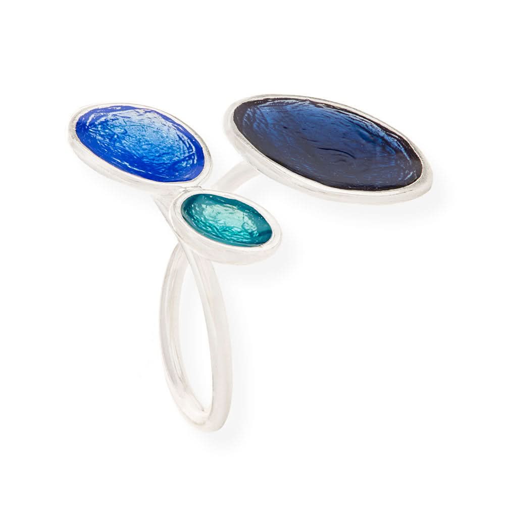 Handmade Silver Enamel Ring Blue Shades & Turquoise Pebbles - Anthos Crafts