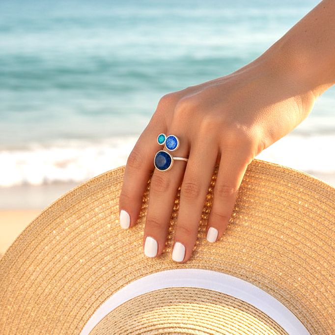 Handmade Silver Enamel Ring Blue Shades & Turquoise Pebbles - Anthos Crafts