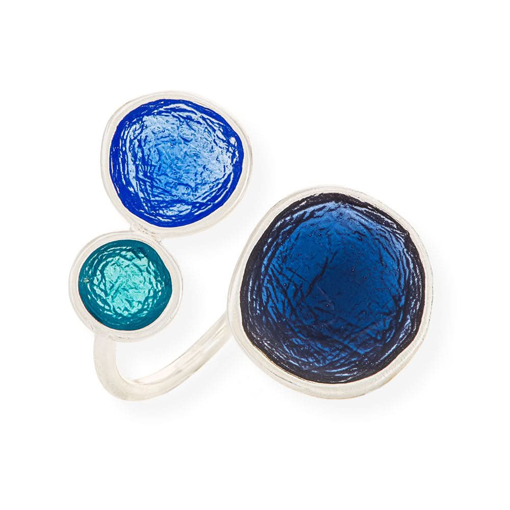 Handmade Silver Enamel Ring Blue Shades &amp; Turquoise Pebbles - Anthos Crafts