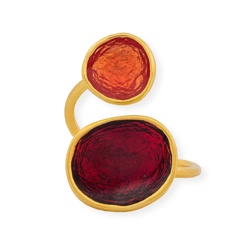 Handmade Gold Plated Silver Enamel Ring Red &amp; Orange Pebbles - Anthos Crafts