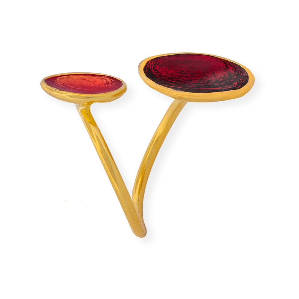 Handmade Gold Plated Silver Enamel Ring Red &amp; Orange Pebbles - Anthos Crafts