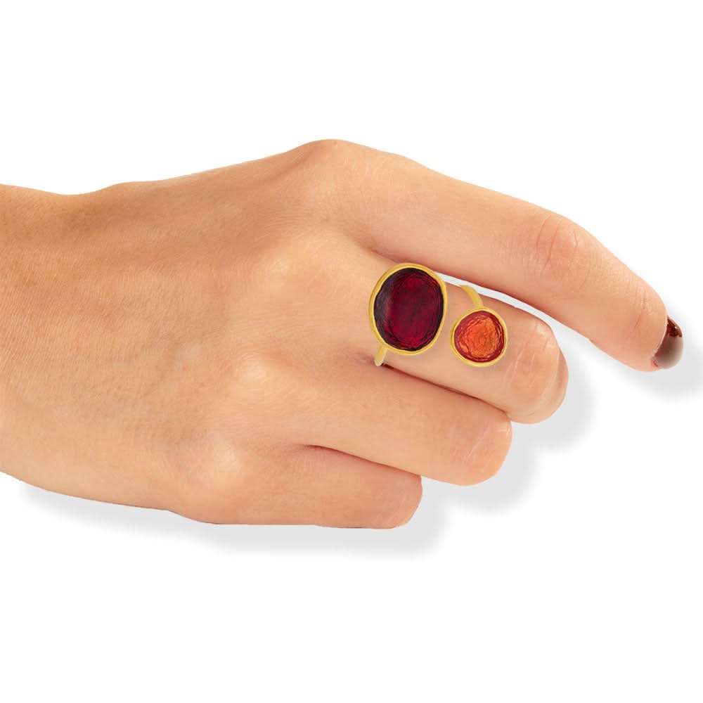 Handmade Gold Plated Silver Enamel Ring Red &amp; Orange Pebbles - Anthos Crafts