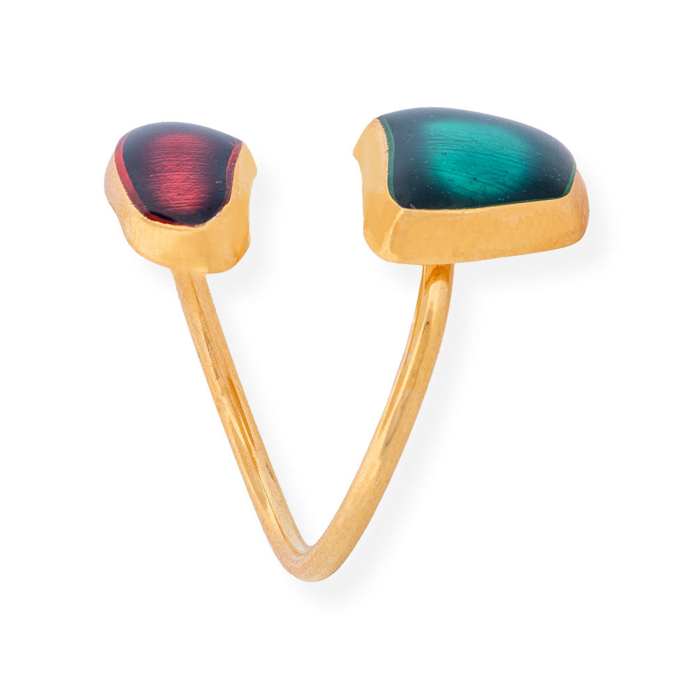 Handmade Gold Plated Silver Enamel Ring Green & Red Seaglass - Anthos Crafts