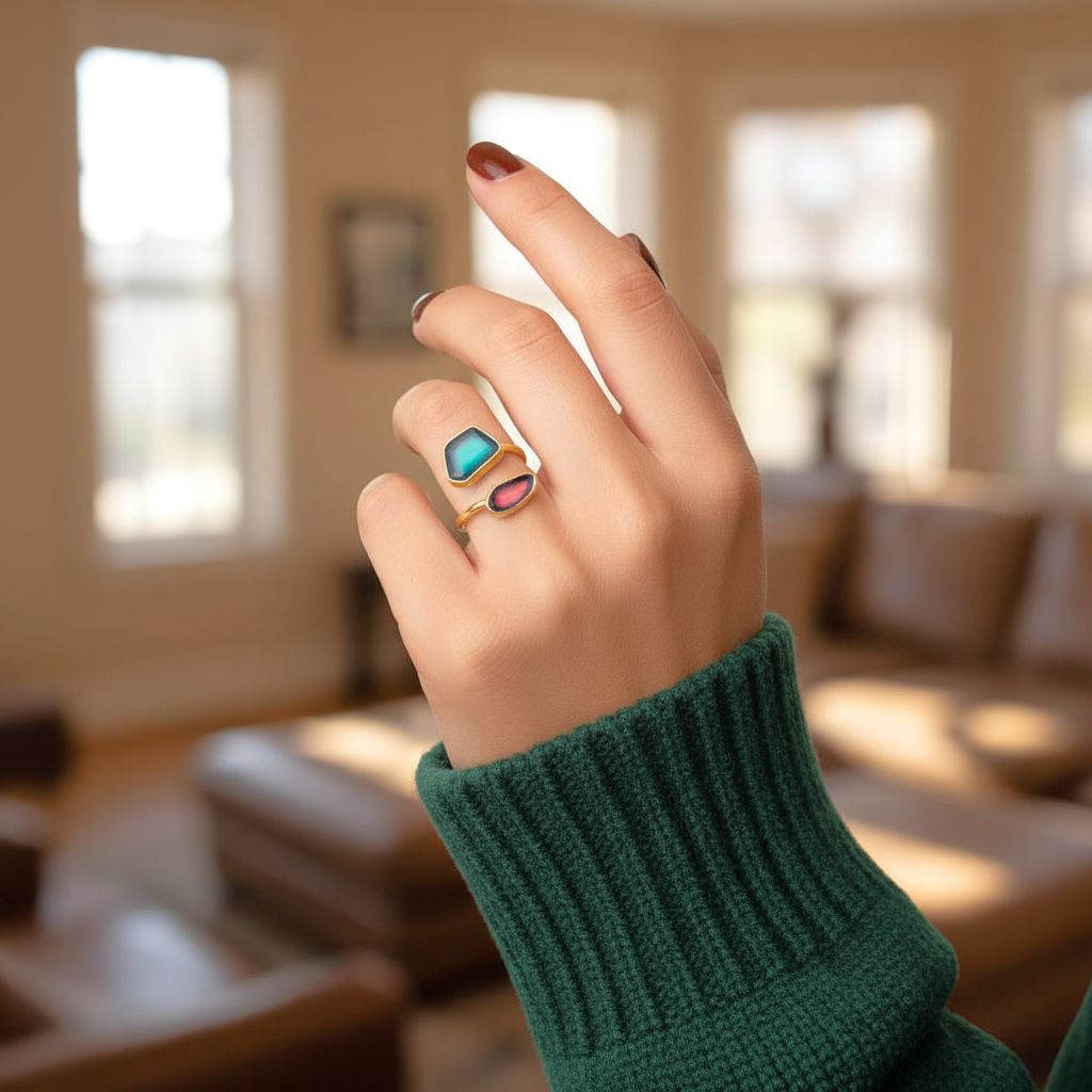 Anello in argento placcato oro fatto a mano con smalto verde e rosso Seaglass