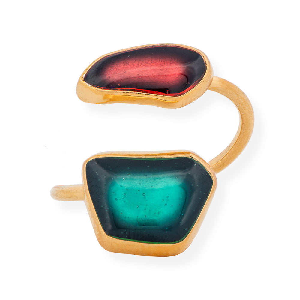 Handmade Gold Plated Silver Enamel Ring Green & Red Seaglass