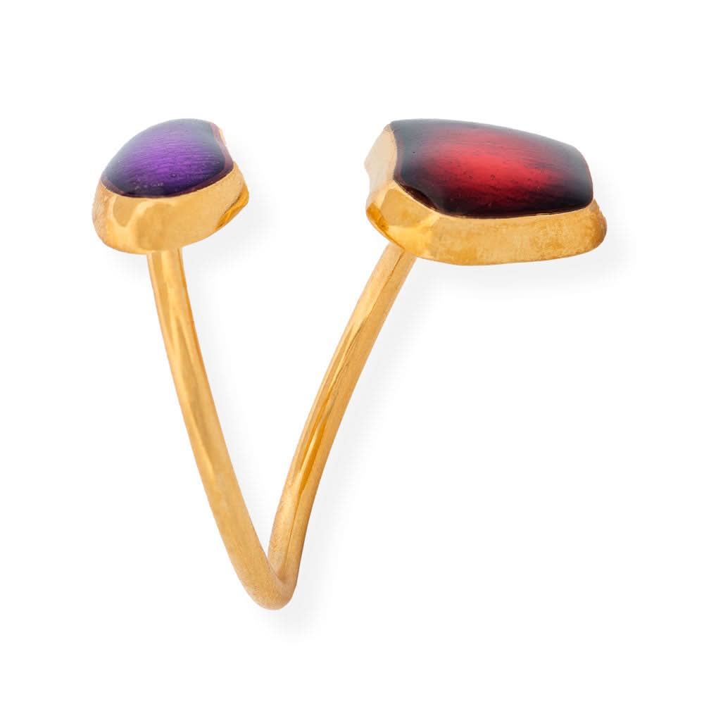 Handmade Gold Plated Silver Enamel Ring Purple & Red Seaglass - Anthos Crafts