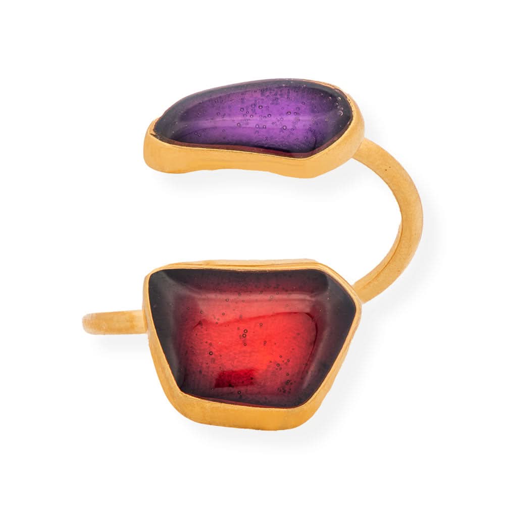 Handmade Gold Plated Silver Enamel Ring Purple & Red Seaglass - Anthos Crafts