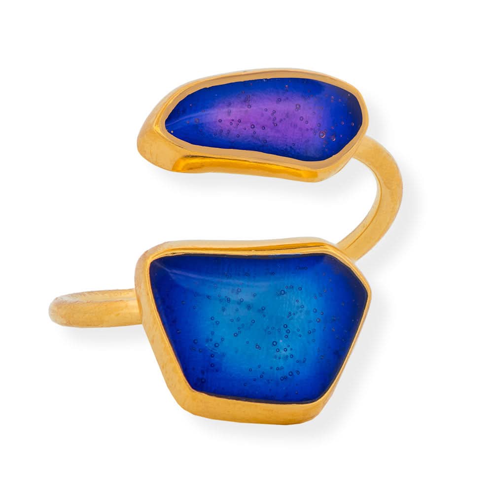 Handmade Gold Plated Silver Enamel Ring Purple & Blue Seaglass - Anthos Crafts