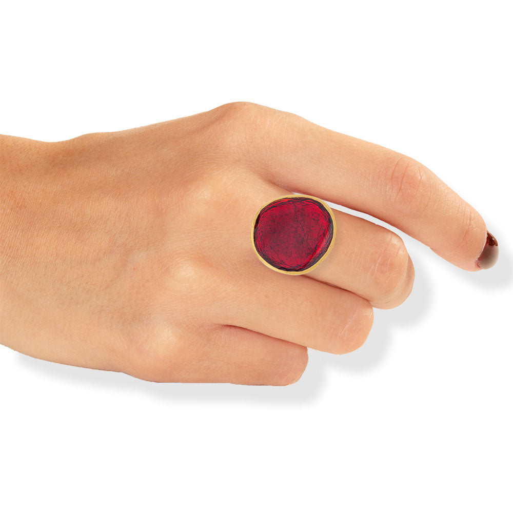 Handmade Gold Plated Silver Enamel Ring Red Pebble - Anthos Crafts