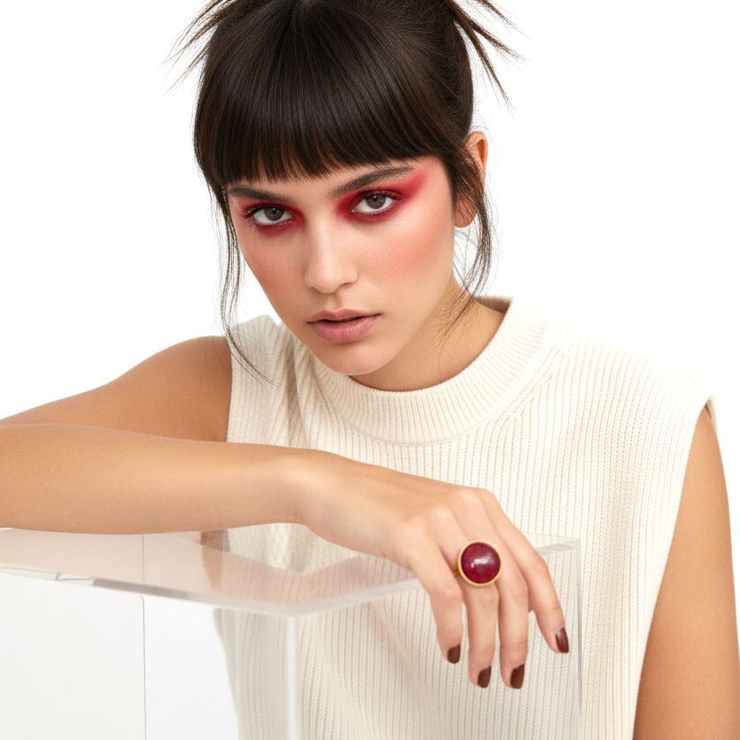 Handmade Gold Plated Silver Enamel Ring Red Pebble - Anthos Crafts