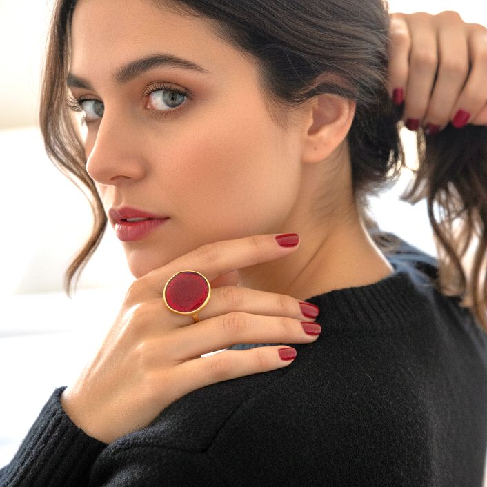 Handmade Gold Plated Silver Enamel Ring Red Pebble - Anthos Crafts