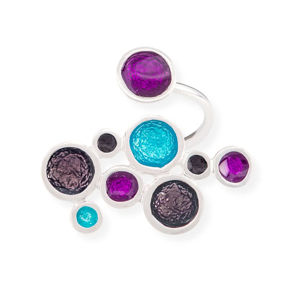 Handmade Silver Enamel Ring Purple &amp; Turquoise Bubbles - Anthos Crafts