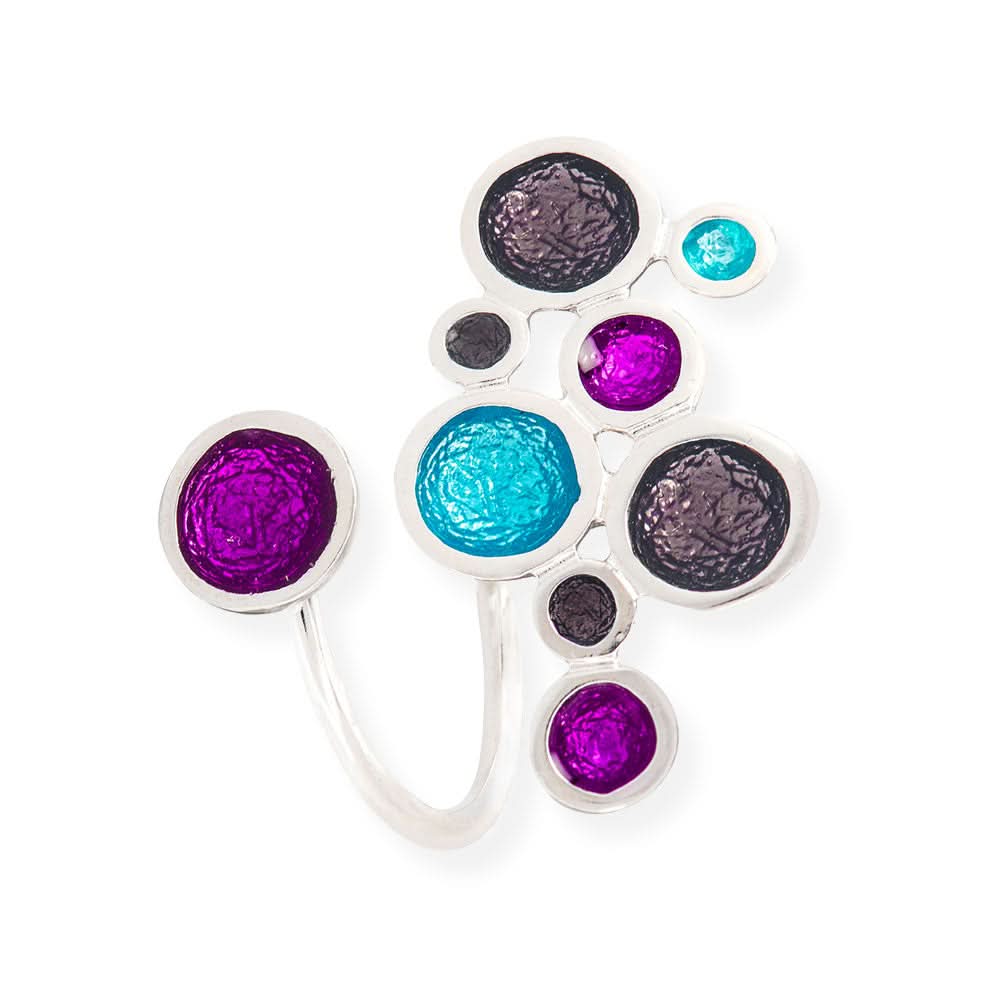 Handmade Silver Enamel Ring Purple &amp; Turquoise Bubbles - Anthos Crafts
