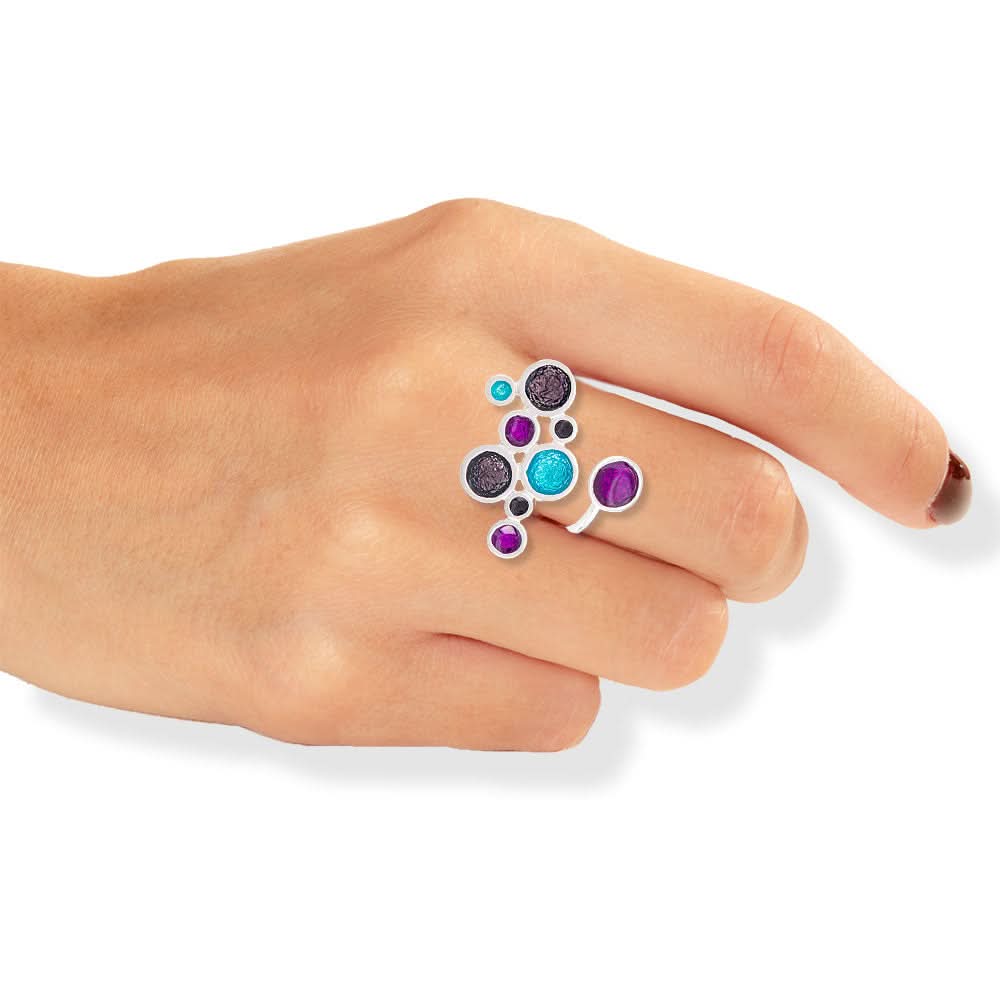 Handmade Silver Enamel Ring Purple &amp; Turquoise Bubbles - Anthos Crafts