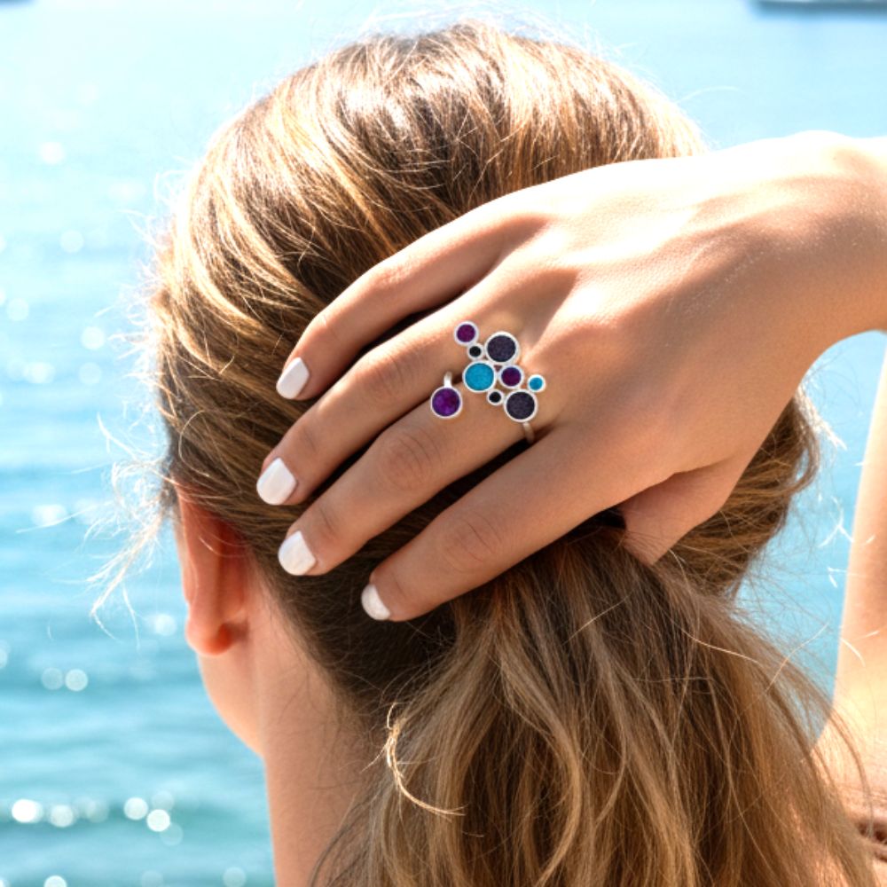 Handmade Silver Enamel Ring Purple & Turquoise Bubbles - Anthos Crafts