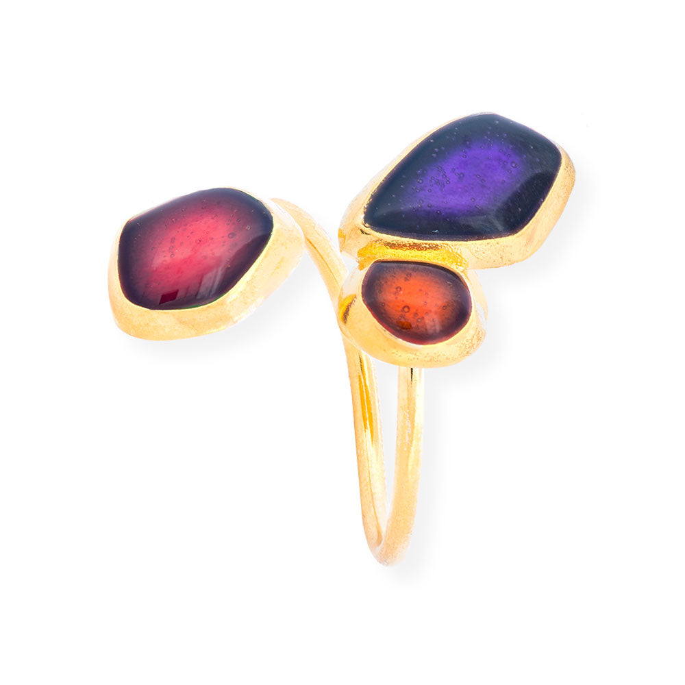 Handmade Gold Plated Silver Enamel Ring Purple, Orange & Red Seaglass - Anthos Crafts