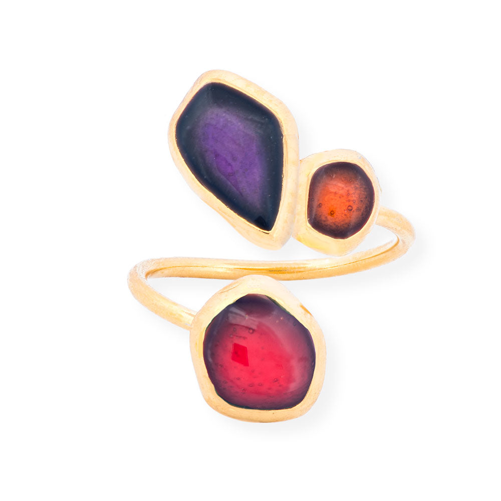 Handmade Gold Plated Silver Enamel Ring Purple, Orange & Red Seaglass - Anthos Crafts