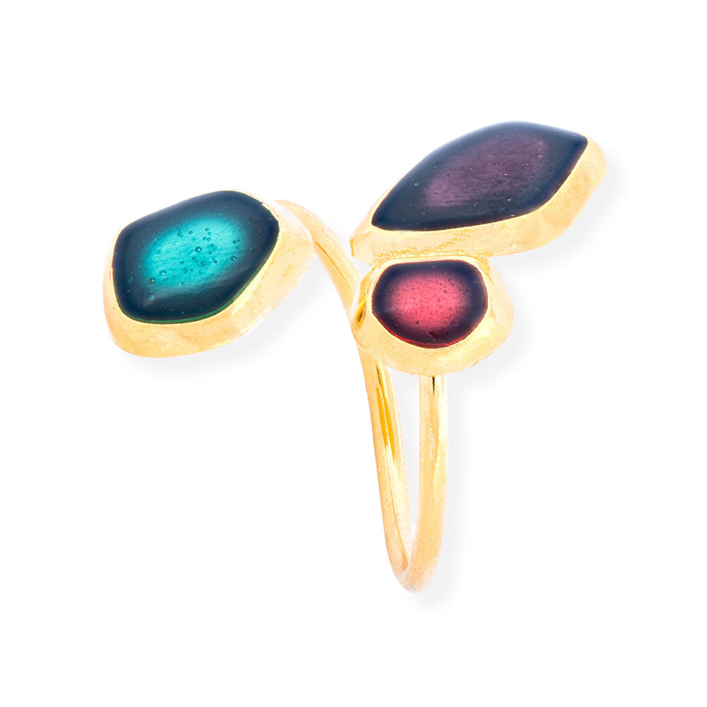 Handmade Gold Plated Silver Enamel Ring Green, Purple & Red Seaglass - Anthos Crafts