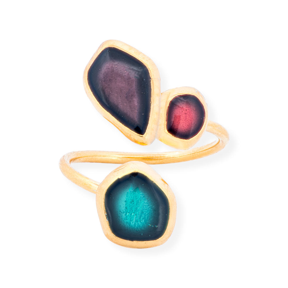 Handmade Gold Plated Silver Enamel Ring Green, Purple & Red Seaglass - Anthos Crafts