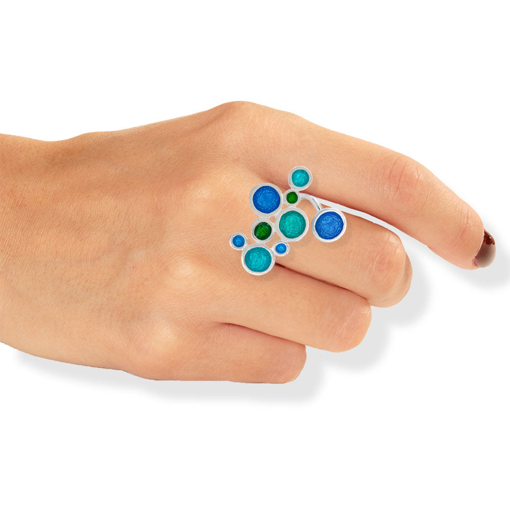 Handmade Silver Enamel Ring Blue, Green & Turquoise Bubbles - Anthos Crafts
