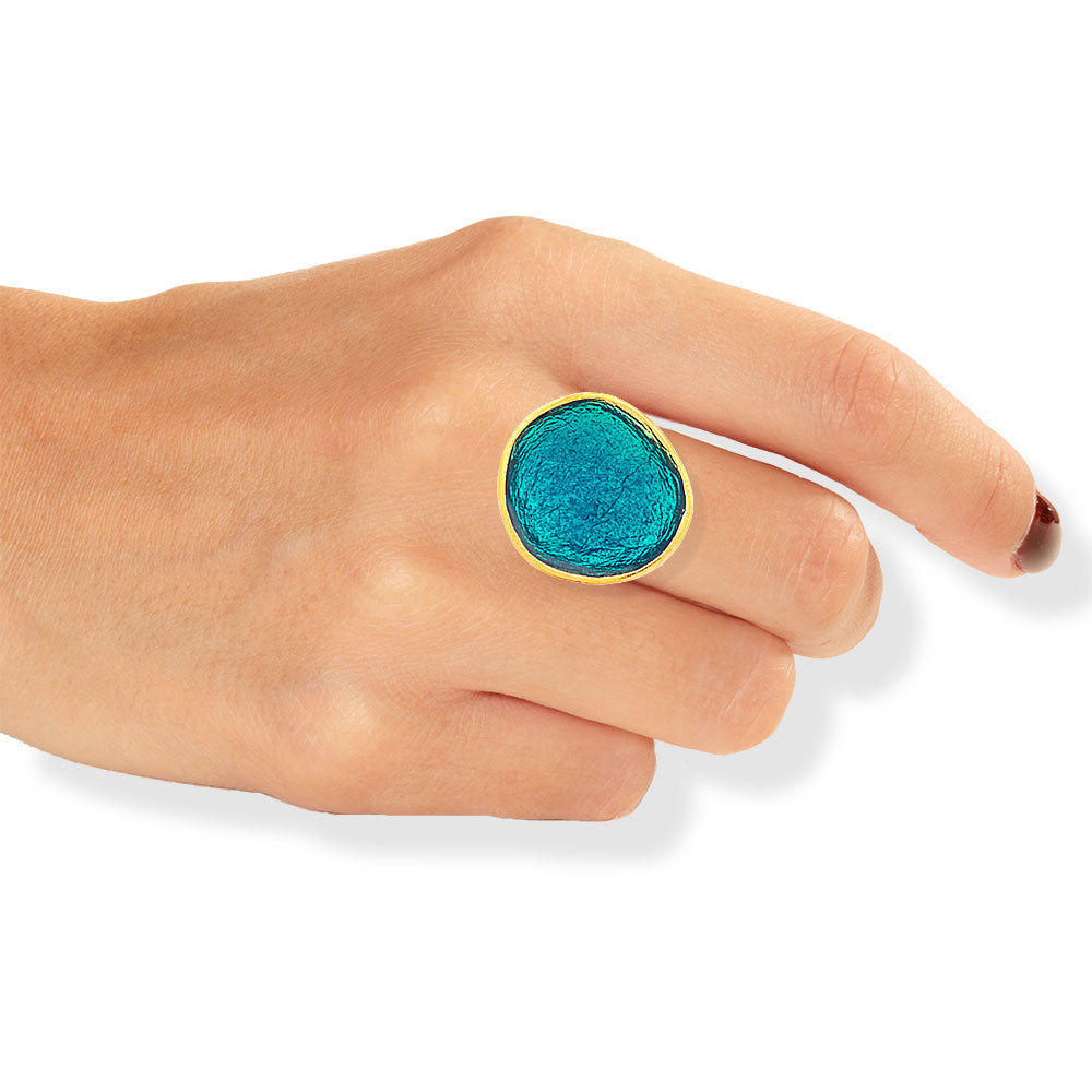 Handmade Gold Plated Silver Enamel Ring Turquoise Pebble - Anthos Crafts