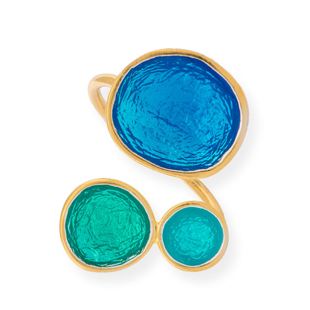 Handmade Gold Plated Silver Enamel Ring Turquoise &amp; Green Pebbles - Anthos Crafts