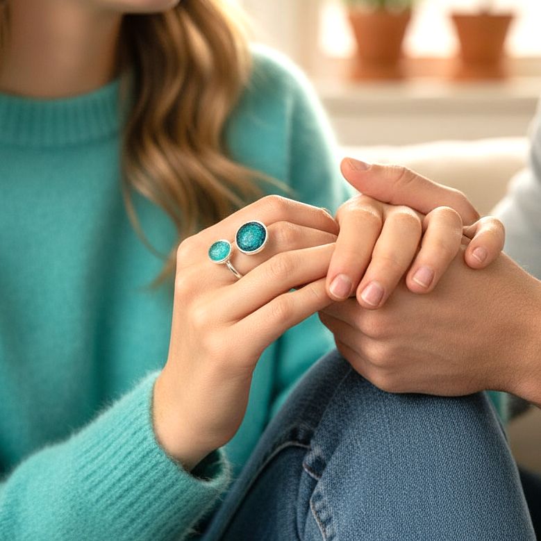 Anello in argento fatto a mano con smalto nei toni del verde Pebbles